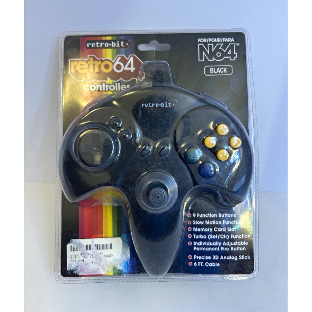 Retro-Bit Retro64 N64 Controller Black Wired 6ft Turbo Memory Slot RB-N64-1255